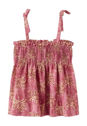 Haut rose sans manches avec bretelles ajustables à nouer et un motif beige de palmiers sur l'ensemble, doté d'un col élastique froncé.