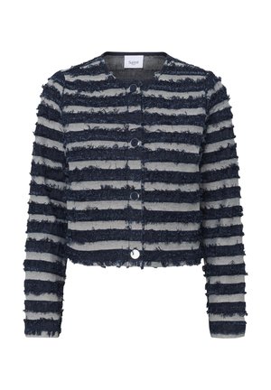 Cropped navy and gray striped textured jacket with long sleeves and front snap buttons.
