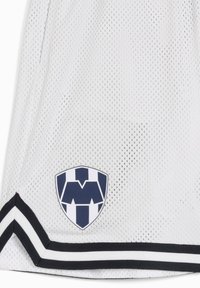 Vita mesh sportshorts i vitt med en svart och vit randneddel. Har en blå sköldlogotyp med växlande ränder.