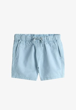 Hellblaue Badeshorts mit elastischem Bund, verstellbarem Kordelzug und zwei Seitentaschen; gefertigt aus glattem, leichtem Stoff.