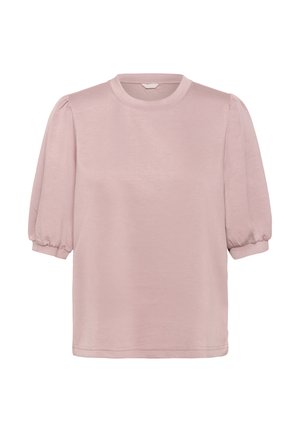 Top scurt cu maneci scurte, de culoare roz pal, confecționat dintr-un material moale, având un decolteu rotund și maneci bufante, cu o croială relaxată și lejeră.