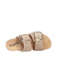 Light beige suede sandal with two adjustable straps, silver buckles, and a natural wood footbed. Brand name "SOFTCLOX" printed inside.