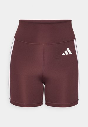 Maroon high-waisted shorts made of stretchy material, featuring white side stripes and the Adidas logo in white on the front.