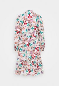 Robe fleurie présentant une variété de couleurs, notamment rouge, rose et vert. Manches longues, col avec col, et ourlet évasé à volants à plusieurs niveaux.