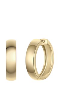 Gladne, sjajne zlatne okrugle naušnice s skrivanim kopčanjem, prikazane s prednje i bočne strane na bijeloj pozadini.