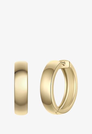 Glatte, polerede guldringe med en skjult hængelås, vist fra front- og sidevinkler på en hvid baggrund.