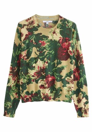 Maglione lavorato a maglia con un motivo floreale nei colori verde, rosso e crema. Collo a giro e polsini a coste. Texture morbida, vestibilità rilassata.