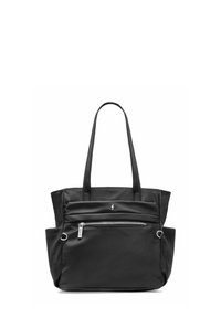 Czarna torba na ramię z podwójnymi paskami, przednią kieszenią na zamek i dwoma kieszeniami bocznymi, wykonana z gładkiego materiału.