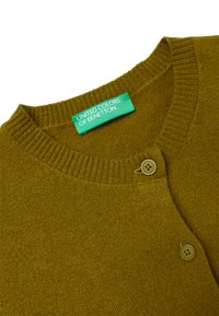 Olivgrüner Cardigan mit geripptem Ausschnitt und zwei runden Knöpfen auf der Vorderseite. Das Etikett trägt die Aufschrift "United Colors of Benetton."