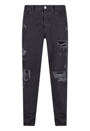 Melnas džinsas ar slaidu piegriezumu, ar nolietotiem plēsumiem un izdobjiem, klasiskā piecu kabatu dizainā un metāla pogu aizdare.