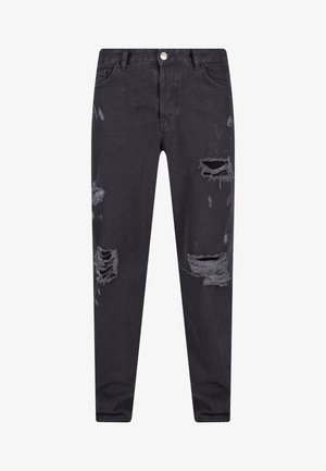 Czarne dżinsy o dopasowanym kroju, z przetarciami i postrzępionymi ł łatkami, klasyczny pięciodztkowy design oraz metalowe zapięcie.