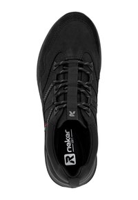 Black sneaker with a textured upper, elastic laces, and padded collar. Features a soft insole and logo on the tongue. Rounded toe design.