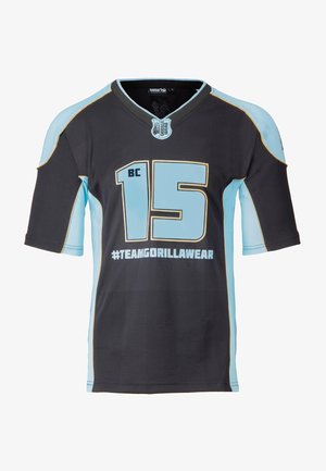 Zwarte en lichtblauwe sporttrui featuring korte mouwen, een V-hals, een groot nummer "15" en de tekst "#TEAMGORILLAWEAR" in vetgedrukte letters.