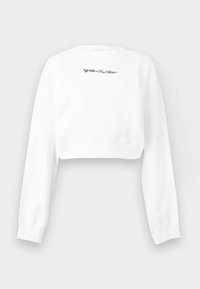 Sudadera corta blanca con mangas largas y pequeño texto negro en cursiva centrado en el pecho sobre un fondo gris claro.