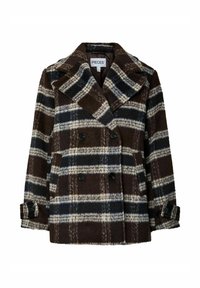 Cappotto doppiopetto a quadri marroni con ampi revers, dotato di strisce blu e crema, realizzato in tessuto testurizzato, e bottoni neri.