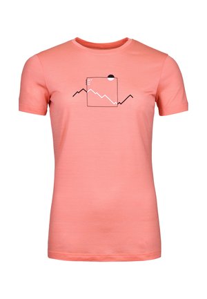 Rosa Baumwoll-T-Shirt mit kurzen Ärmeln, Rundhalsausschnitt und einem grafischen Design von Bergen sowie einem Quadrat mit einer Sonne.