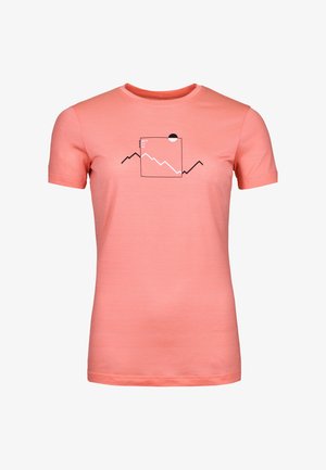 Rosa Baumwoll-T-Shirt mit kurzen Ärmeln, Rundhalsausschnitt und einem grafischen Design von Bergen sowie einem Quadrat mit einer Sonne.
