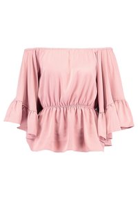 Blouse rose à épaules dénudées avec des manches froncées, taille élastique et texture lisse. Convient pour un usage décontracté ou des sorties d'été.