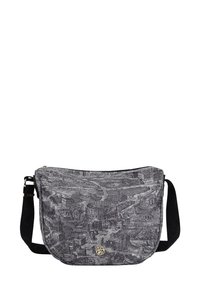 Borsa a spalla realizzata in tessuto con un design di mappa in bianco e nero. La borsa presenta una chiusura con zip e una tracolla nera regolabile.