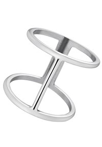 Sølvmetallring med to sirkulære bånd koblet sammen av en sentral vertikal stang. Glatt overflate, lett design, moderne geometrisk form.
