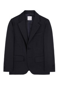 Blazer azul marino hecho de tela texturizada. Presenta un pico, cierre de un solo botón, dos bolsillos frontales y puños de cuatro botones.