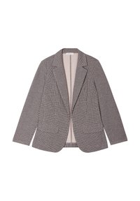 Blazer à motif pied-de-poule gris et noir avec une coupe ajustée, des revers à cran, deux poches latérales et une fermeture éclair à l'avant. Intérieur doublé.