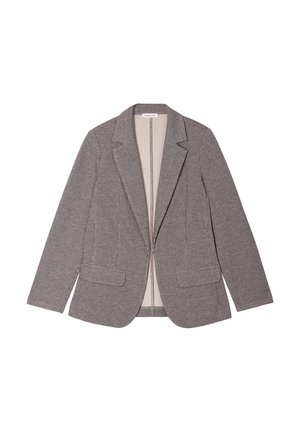 Grijs en zwart houndstooth-gepatenteerd blazer met een getailleerde pasvorm, revers, twee zijzakken en een voorsluiting met ritssluiting. Gevoerde binnenkant.