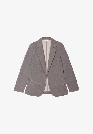 Blazer à motif pied-de-poule gris et noir avec une coupe ajustée, des revers à cran, deux poches latérales et une fermeture éclair à l'avant. Intérieur doublé.