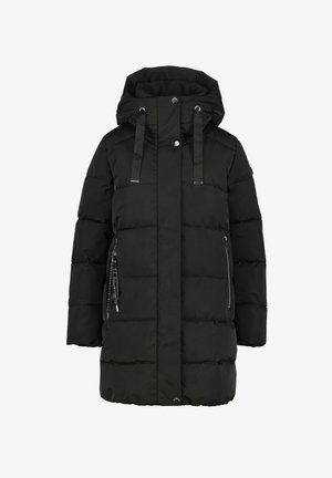 Svart puffjacka med huva, med ett kviltat mönster, metalliska accenter och två fodrade sidofickor. Tillverkad av ett slätt, isolerat material.