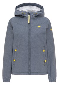 Grå hoodiejacka med dragkedja, gula detaljer och elastiska ärmslut. Den har en huva med snörning och två framfickor med knappstängning.