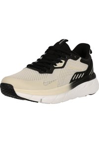 Lättvikts löparsko i krämfärg och svart. Har en ovandel i mesh, vadderad krage och kontrasterande sula för hållbarhet och grepp.