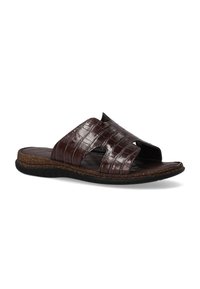 Brune lædersandal med slides, prægning i krokodilleskindsstruktur, åben tå, dobbelte stropper og en polstret korksål. Sort gummisål for bedre greb.