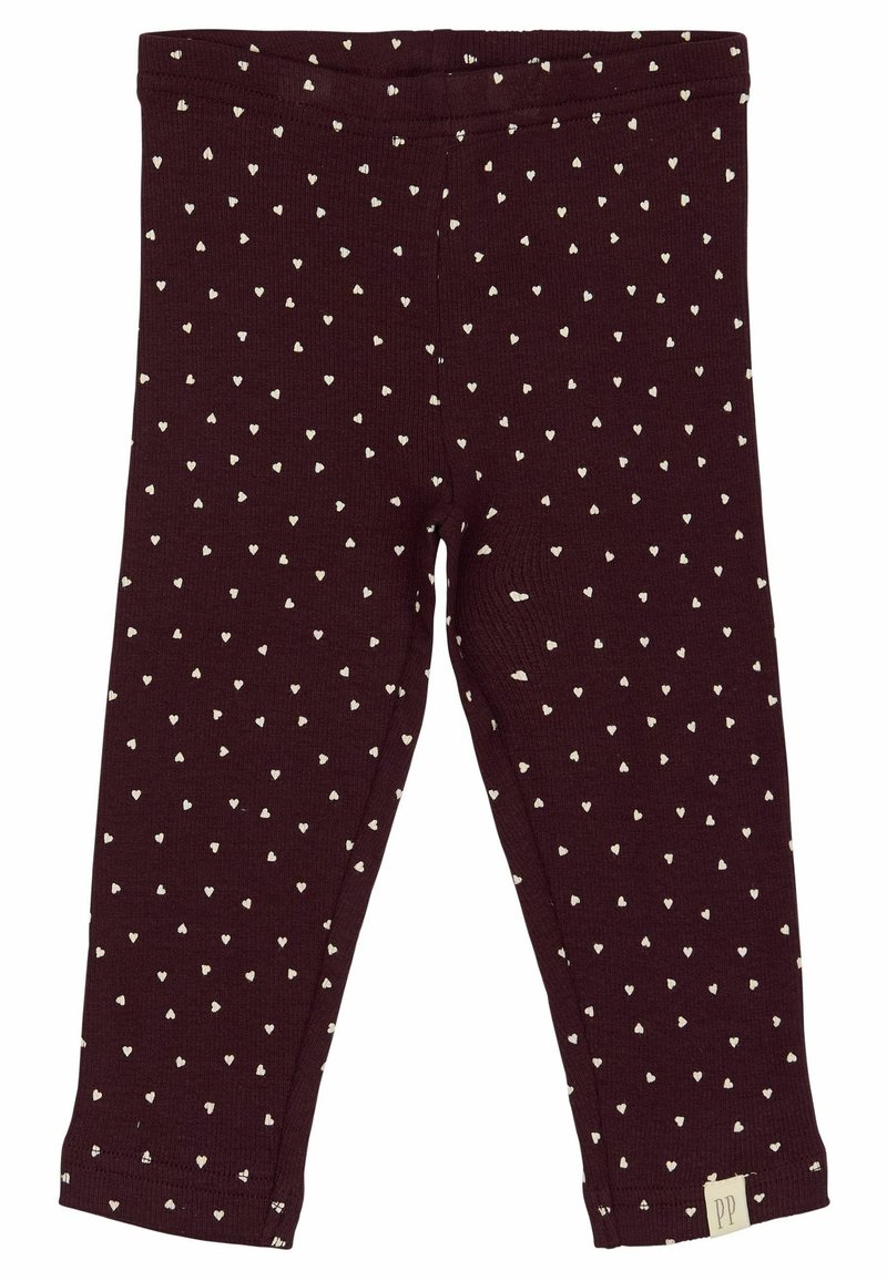 Bordeaux leggings med ribbet tekstur, prydet med hjerteprint i hvidt over det hele og en elastisk talje. Inkluderer et lille mærkelogo ved kanten.