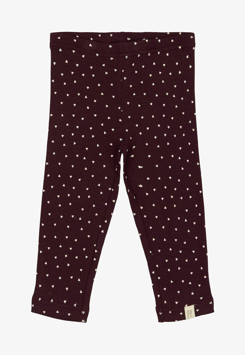 Bordeaux leggings med ribbet tekstur, prydet med hjerteprint i hvidt over det hele og en elastisk talje. Inkluderer et lille mærkelogo ved kanten.