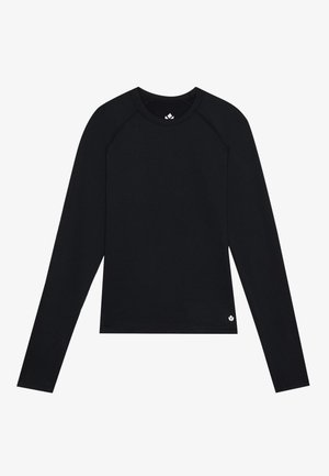 Musta pitkähihainen paita, jossa on pyöreä kaula-aukko, raglan-hihat ja pieni logo vasemmassa alareunassa. Valmistettu sileästä ja kevyestä kankaasta.