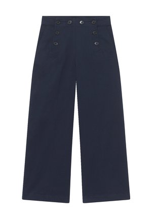 Weite Hose in Marineblau, mit hohem Bund, sechs dekorativen Knöpfen und seitlichen Taschen. Hergestellt aus glattem Stoff mit sauberem Finish.