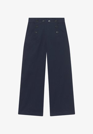 Navy wijde broek met hoge taille, zes decoratieve knopen en zijzakken. Gemaakt van een soepele stof met een nette afwerking.