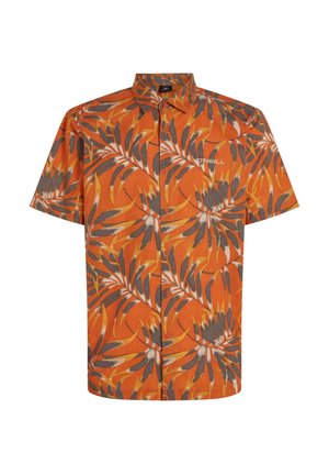Short-sleeve shirt in orange with a vibrant leaf pattern in gray and yellow. Features a collared neck and button-down front. O'Neill logo displayed.