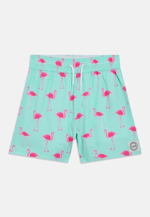 Mint green swim trunks with a pink flamingo print, drawstring waist, and brand patch on the lower right. Smooth fabric texture.