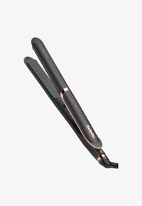 Alisador de pelo BaByliss negro y oro rosa con placas de cerámica planas y cable de alimentación giratorio sobre fondo blanco.