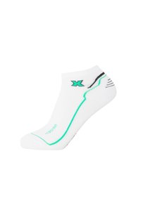 White ankle sock with turquoise and black accents. Features a curved design and logo on the side. Smooth texture and lightweight material.