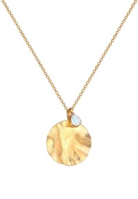 Collana con pendente in oro, caratterizzata da un disco circolare testurizzato e un accento in opale a goccia traslucido. Presenta una delicata catena in oro.