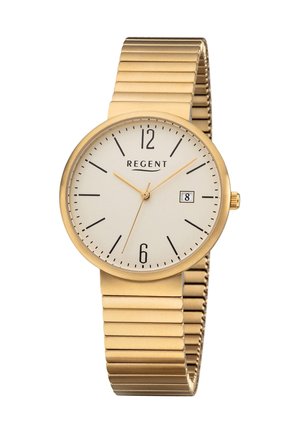 Montre-bracelet en or avec cadran blanc, index noirs, fenêtre de date à 3 heures, et bracelet métallique extensible en or.