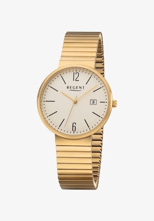 Goldene Armbanduhr mit weißem Zifferblatt, schwarzen Stundenmarkierungen, Datumsfenster bei 3 Uhr und goldenem, dehnbarem Metallarmband.