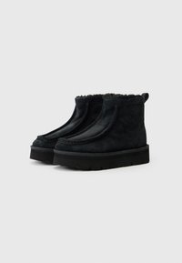 Black suede ankle boots with a textured finish, stitched accents, soft fur lining, and a chunky rubber sole.