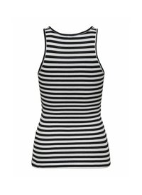 Zwart-wit gestreept tanktop met een aansluitend ontwerp, geribbelde textuur en een ronde halslijn. Achteraanzicht weergegeven.