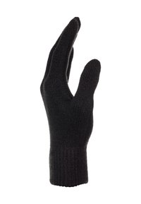 Guante negro de punto con un puño acanalado, diseño de cinco dedos, hecho de lana o acrílico, con una superficie texturizada y construcción sin costuras.