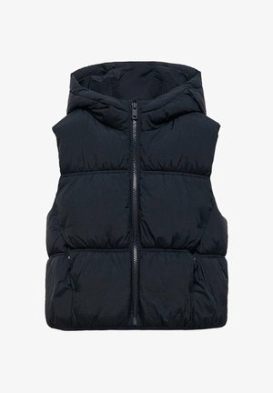 Gilet matelassé bleu marine avec fermeture à glissière, capuche et grandes sections matelassées. Il dispose de deux poches latérales et d'une texture lisse, légèrement brillante.