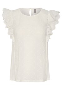 Blusa blanca con mangas abullonadas, decorada con bordado floral recortado y un escote en forma de llave en la parte posterior. Tejido suave con una textura lisa y un ajuste relajado.