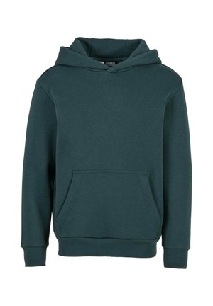 Hoodie vert foncé en tissu doux, avec une poche frontale, des poignets côtelés et une capuche à cordon. Design simple sans motifs.